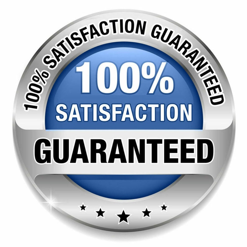 May include: A circular badge in silver and blue, displaying the text "100% Satisfaction Guaranteed." The text is in white and black, with a blue centre and a silver border. Five black stars are at the bottom.