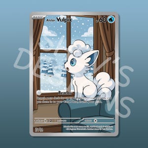 May include: A Pokémon trading card depicting Alolan Vulpix, a white fox-like creature with blue eyes and fluffy fur. The card shows the character sitting on a blue armchair, looking out a window at a snowy landscape. The card has the text "Alolan Vulpix" and "Beacon".