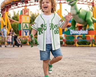 Custom Toy Story Rex Baseball Jersey Personalized Green Pinstripe Kids Shirt, Disney Birthday Boy Gift, Summer Vacation 2026 Dinosaur Shirt