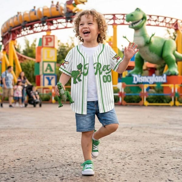 Custom Toy Story Rex Baseball Jersey Personalized Green Pinstripe Kids Shirt, Disney Birthday Boy Gift, Summer Vacation 2026 Dinosaur Shirt