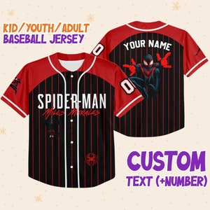 Personalize Spiderman Miles Morales Black Red, Custom Kid Youth Adult Disney Jersey Spider Man Jersey, Baseball Jersey, Gift for Disney Fans