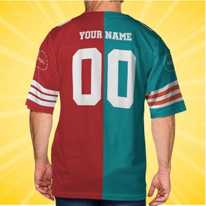 Camisa de futebol personalizada, qualquer time, vermelho e azul-petróleo, uniforme dividido, roupa personalizada para presente, presentes de Natal para ele imagem 4