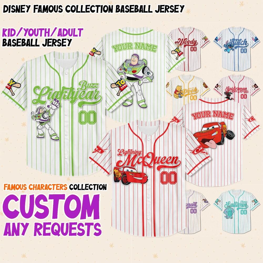 Custom Disney Famous Characters Collection, Baseball Jersey Team, Collection Choose Style Jersey, Disney Baseball Team Outfit, Gift for Kids