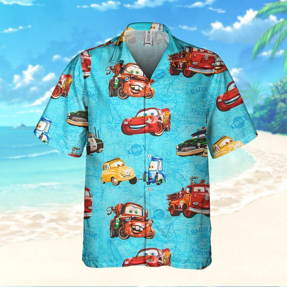 Disney Cars Blue Fabric Pattern, Disney Hawaiian Shirt and Shorts