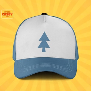 May include: A blue and white trucker hat featuring a blue pine tree graphic on the front. The hat has a blue brim and a white mesh back. The text "STORE CASEY CO" is in a yellow box on the upper left.