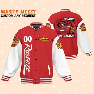 Custom Cars Lightning McQueen Rusteze Varsity Jacket, Adult Varsity Jacket, Disney Jacket, Baseball Team Outfit, Disney Uniform Varsity