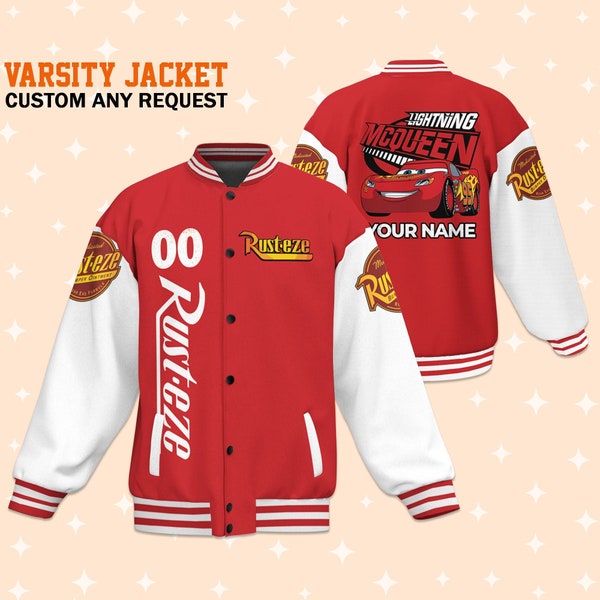 Benutzerdefinierte Autos Lightning McQueen Rusteze Varsity Jacke, Erwachsenen Varsity Jacke, Disney Jacke, Baseball Team Outfit, Disney Uniform Varsity