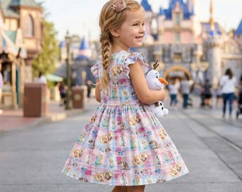 Abito da bambina Enchanted Frozen Elsa Anna con volant, fantasia a quadri rosa e blu con specchietto Coquette, completo da principessa per la maratona 2026