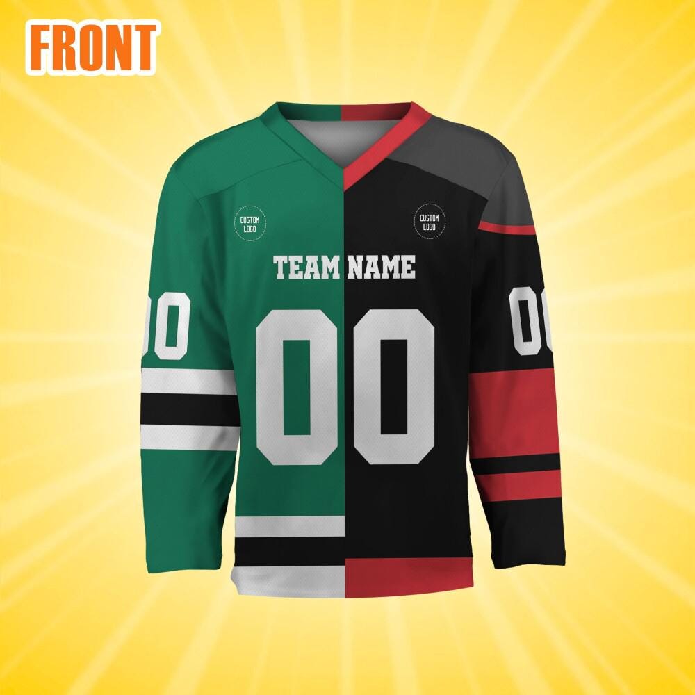 Discover Personalize Half And Half Black Green Hockey Jersey, Men's Hockey Uniform, Christmas Gift