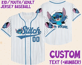 Personalize Disney Stitch Blue, Custom Kid Youth Adult Disney Jersey, Disney Baseball Jersey, Gifts for Disney Fans, Cute Stick Jersey