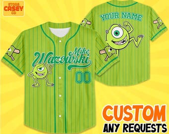 Kundenspezifischer Disney Monster Inc James Made-grüner einfacher Baseball, personalisiertes Baseballteam-Trikot, Geburtstagsgeschenk für Monster Inc-Fanfamilie