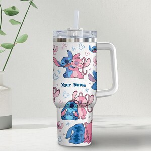 Custom Disney Friends Stitch and Angel Colorful Tumbler, Personalized Disney 40oz Tumbler With Handle Disney Characters Tumbler Christmas image 3