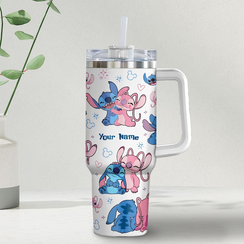 Custom Disney Friends Stitch and Angel Colorful Tumbler, Personalized Disney 40oz Tumbler With Handle Disney Characters Tumbler Christmas image 3