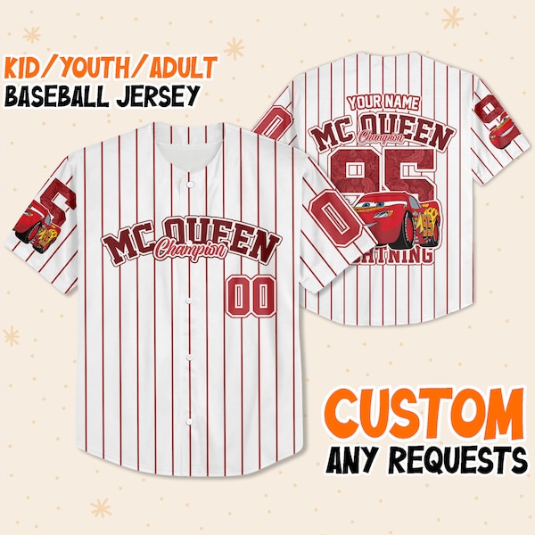 Personalizza MC Queen Lightning campione 95, maglia da baseball vintage personalizzata per bambini e adulti Disney Jersey Disneyworld, regalo per i fan Disney