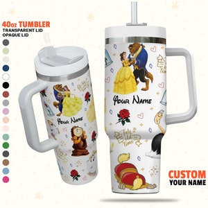 Custom Disney Beauty and the Beast Colorful Tumbler, Disney Characters Christmas 40oz Tumbler, Handle Stainless Steel Reusable Tumbler