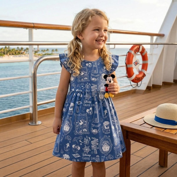 Nautical Disney Cruise Line Ruffle Dress toddler, Vintage Stitch Mickey Line Art Pattern, Sailing Vacation Outfit 2026