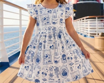 Robe à volants Disney Cruise Line croquis bleu classique, tenue DCL nautique Mickey Minnie, vêtements d'été pour fille de vacances Castaway Cay Gea