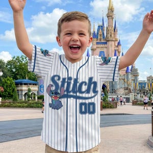 Personalize Disney Stitch Happy Striped White, Custom Kid Youth Adult Disney Jersey, Disney Baseball Jersey, Stitch Birthday Gift Stitch Fan