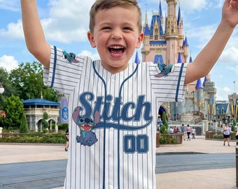 Personalize Disney Stitch Happy Striped White, Custom Kid Youth Adult Disney Jersey, Disney Baseball Jersey, Stitch Birthday Gift Stitch Fan