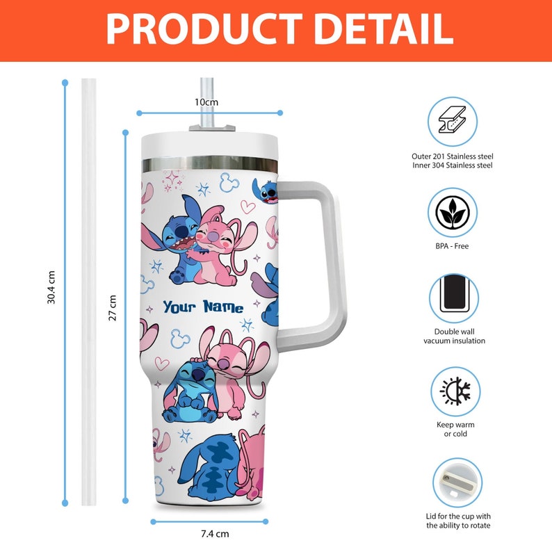 Custom Disney Friends Stitch and Angel Colorful Tumbler, Personalized Disney 40oz Tumbler With Handle Disney Characters Tumbler Christmas image 8
