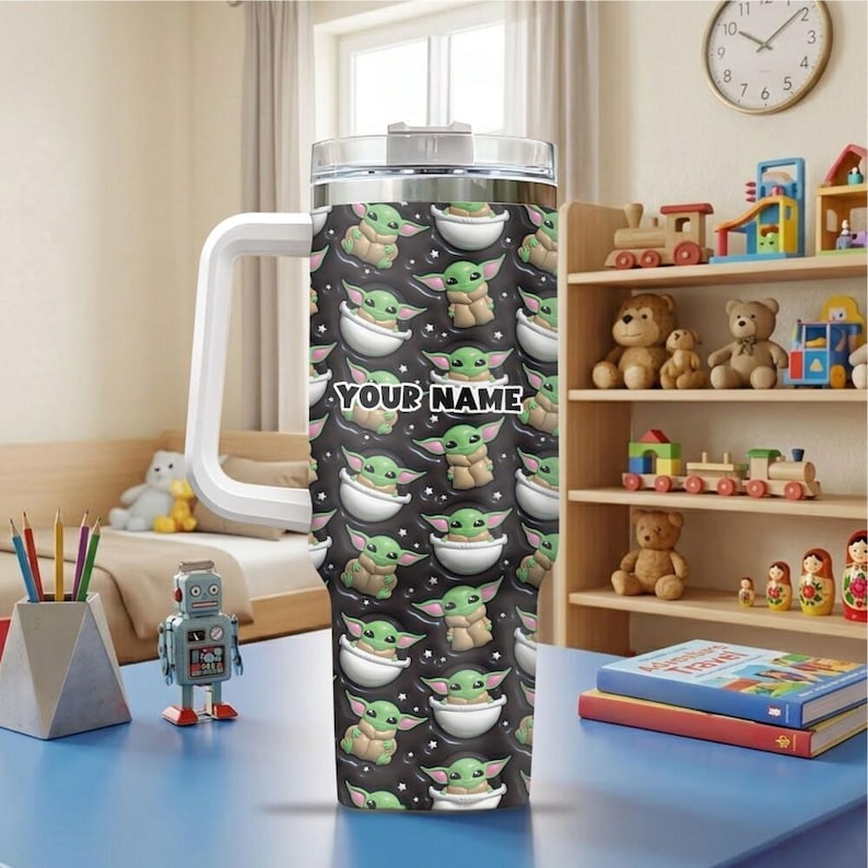 Vaso térmico Valiant personalizado, vaso Grogu Star Wars personalizado con pajita, taza térmica de viaje, vaso para vacaciones, regalo para el Día del Padre 2026 imagen 2
