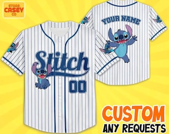 Personalize Disney Stitch Happy Striped White, Custom Kid Youth Adult Disney Jersey, Disney Baseball Jersey, Stitch Birthday Gift Stitch Fan
