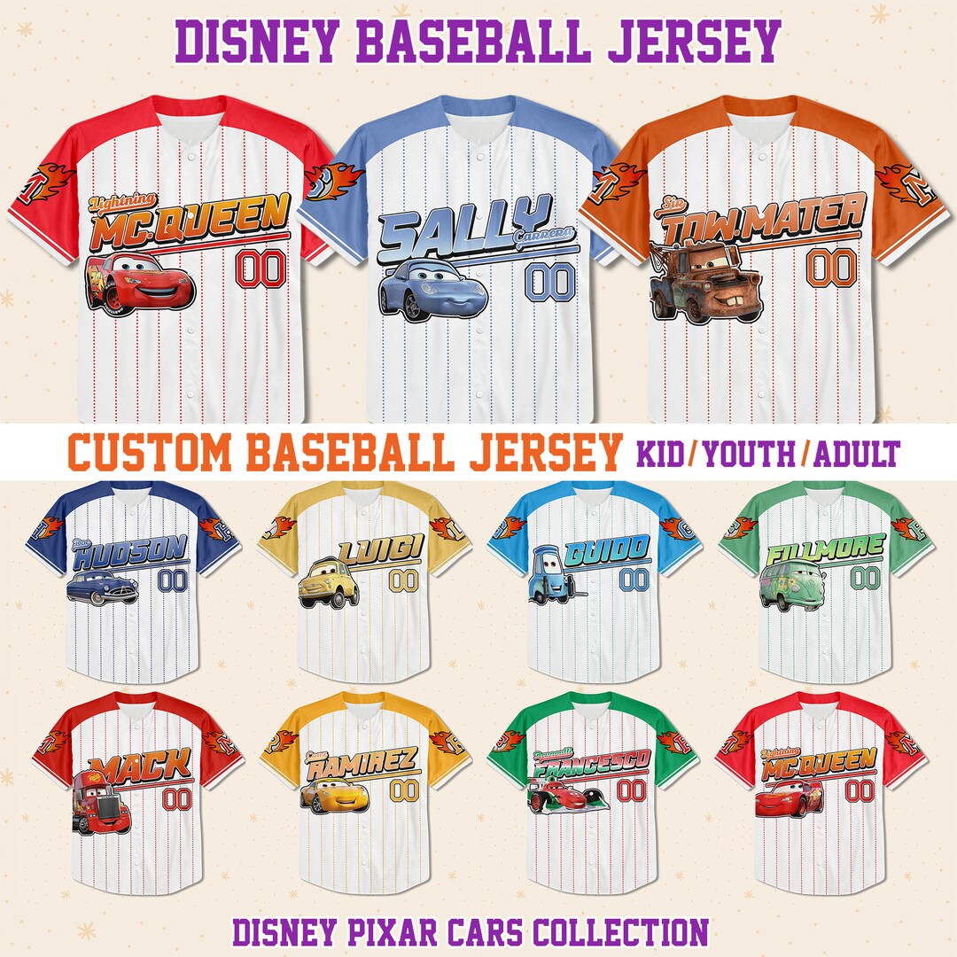 Custom Cars Collection Baseball Jersey Team, Personalize Disney Jersey