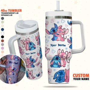 Custom Disney Friends Stitch and Angel Colorful Tumbler, Personalized Disney 40oz Tumbler With Handle Disney Characters Tumbler Christmas image 1