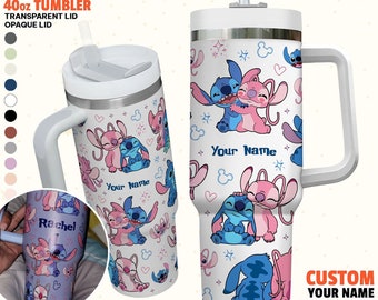 Custom Disney Friends Stitch and Angel Colorful Tumbler, Personalized Disney 40oz Tumbler With Handle Disney Characters Tumbler Christmas