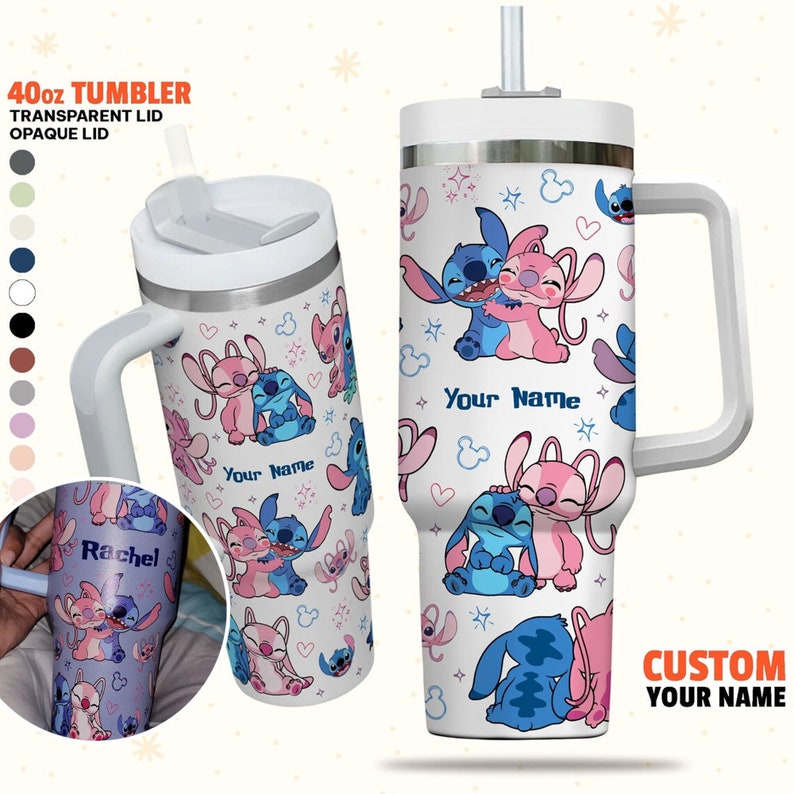 Custom Disney Friends Stitch and Angel Colorful Tumbler, Personalized Disney 40oz Tumbler With Handle Disney Characters Tumbler Christmas image 1