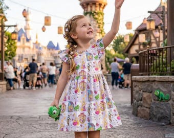 Bezauberndes Rapunzel Lila Kariertes Coquette Rüschen Kleid, Endlich sehe ich das Licht Outfit, Disney Prinzessinnen Geburtstagskind Sommer Twirl Kleid Gif