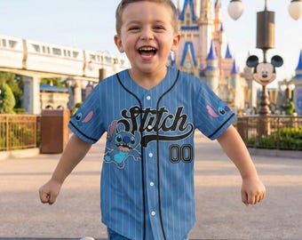 Camisa de beisebol personalizada do Stitch, modelo Lilo e Stitch, azul, simples, infantil, juvenil ou adulta, da Disneyland. Presente de aniversário para fãs do Stitch.