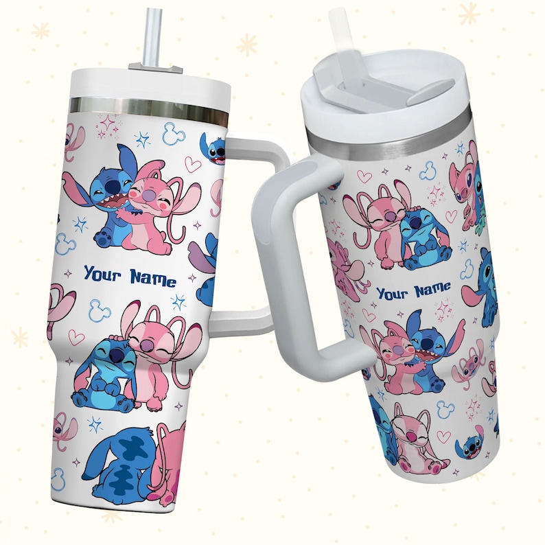 Custom Disney Friends Stitch and Angel Colorful Tumbler, Personalized Disney 40oz Tumbler With Handle Disney Characters Tumbler Christmas image 5