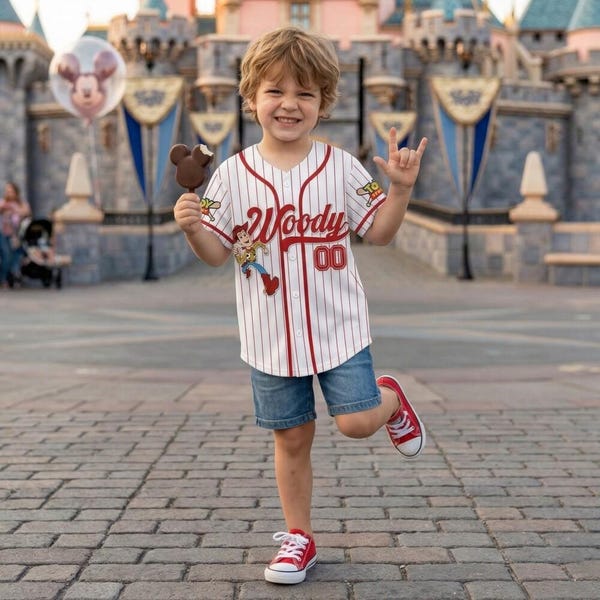 Personalized Woody Baseball Jersey Custom Toy Story Red Pinstripe Kids Shirt, Disney Birthday Boy Gift, Family Vacation 2026 Matching Appare