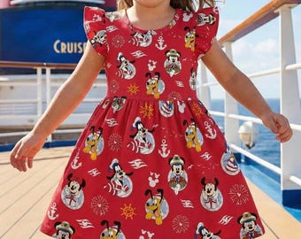Vestido vermelho vibrante com babados, tema náutico, Mickey e Amigos, ideal para cruzeiro, roupa para noite de piratas da DCL, presente perfeito para férias de verão com Pateta, Donald e Margarida.