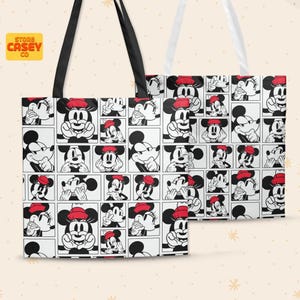 Mickey and Minnie Pattern Tote Bag –  Cute Travel Bag for Disneyland Trip, Canvas Tote with Pocket, Gift for Disney Lovers, Gift for her