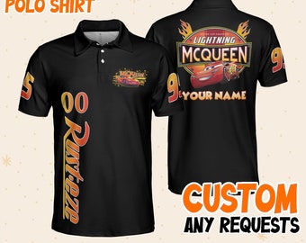 Personaliseer McQueen coole zwarte polo, Custom Kid Youth Adult Disney Vintage Polos Shirt Disneyworld Cadeau voor Disney Fans