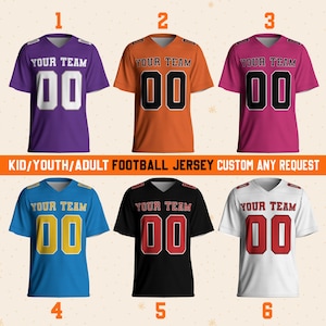 May include: Six different color football jerseys with the text "YOUR TEAM" and "00" on the front. The jerseys are available in purple, orange, pink, blue, black, and white.