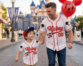Personalized Mickey Mouse Baseball Jersey Red Pinstripe Custom Kids Name Number Shirt, Disney Vacation 2026, Matching Family Birthday Gift