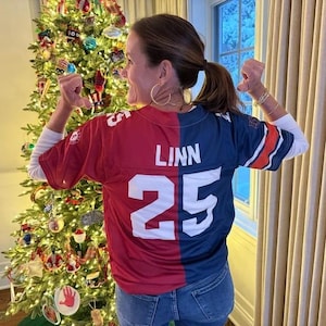 Camisa de futebol personalizada, qualquer time, vermelho e azul-petróleo, uniforme dividido, roupa personalizada para presente, presentes de Natal para ele imagem 5