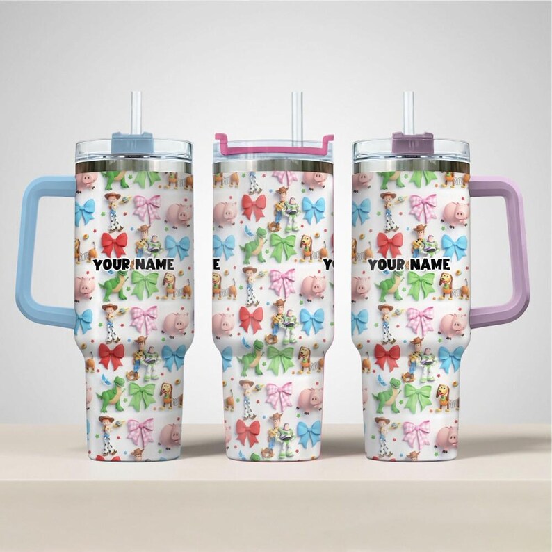 Cheerful Personalized Tumbler, Toy Story Custom Name Tumbler with Straw, Insulated Cup Travel Mug, Girl Birthday Gift Magical Outfit Trip 20 image 4