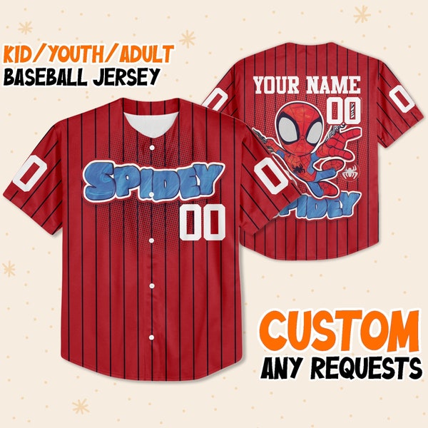 Personalisieren Sie Spidey und seinen erstaunlichen Freund, kundenspezifisches Kind Jugend Erwachsene Spiderman Baseball Jersey Outfit, Geschenk für Spinnenfan, Spinnen-Mann-Geburtstag