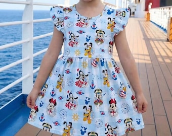 Blue Gingham Sailor Dress, Mickey Mouse Plaid Cruise Outfit, Disney Wish Treasure Trip Costume, Summer Vacation Clothing Kids