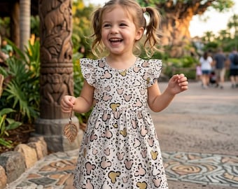 Alternative Mickey Leopard Ruffle Sleeve Dress Kids, Neutral Animal Print Coquette, Animal Kingdom Safari Trip Outfit