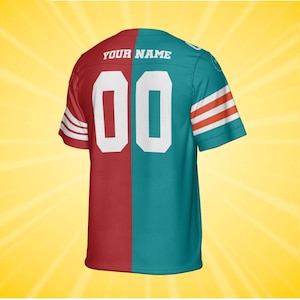 Camisa de futebol personalizada, qualquer time, vermelho e azul-petróleo, uniforme dividido, roupa personalizada para presente, presentes de Natal para ele imagem 3