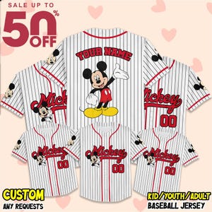 Personalize Disney Mickey Mouse Cute Striped White, Custom Disneyland Jersey, Baseball Team, Mickey Mouse Birthday, Gift for Disney Fans
