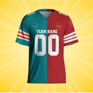 Camisa de futebol personalizada, qualquer time, vermelho e azul-petróleo, uniforme dividido, roupa personalizada para presente, presentes de Natal para ele imagem 2