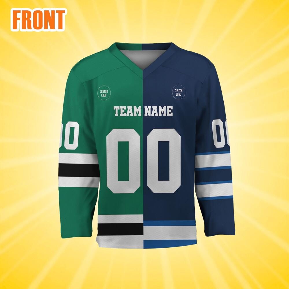 Discover Personalize Half And Half Navy Green Hockey Jersey, Men's Hockey Uniform, Christmas Gift