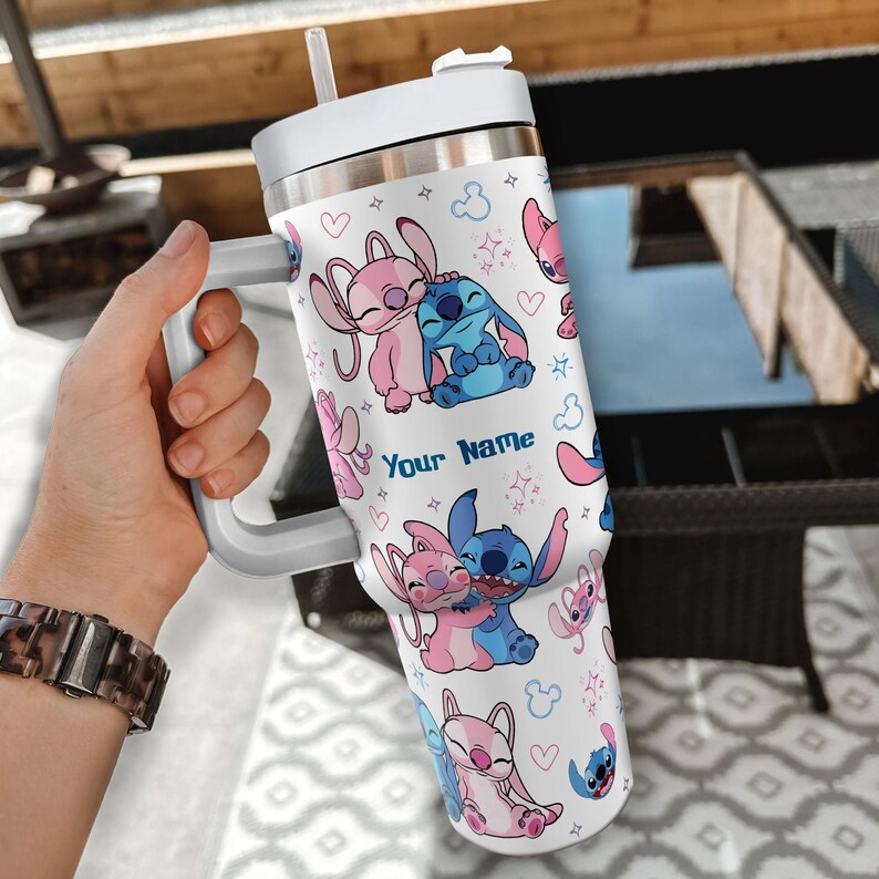 Custom Disney Friends Stitch and Angel Colorful Tumbler, Personalized Disney 40oz Tumbler With Handle Disney Characters Tumbler Christmas image 4