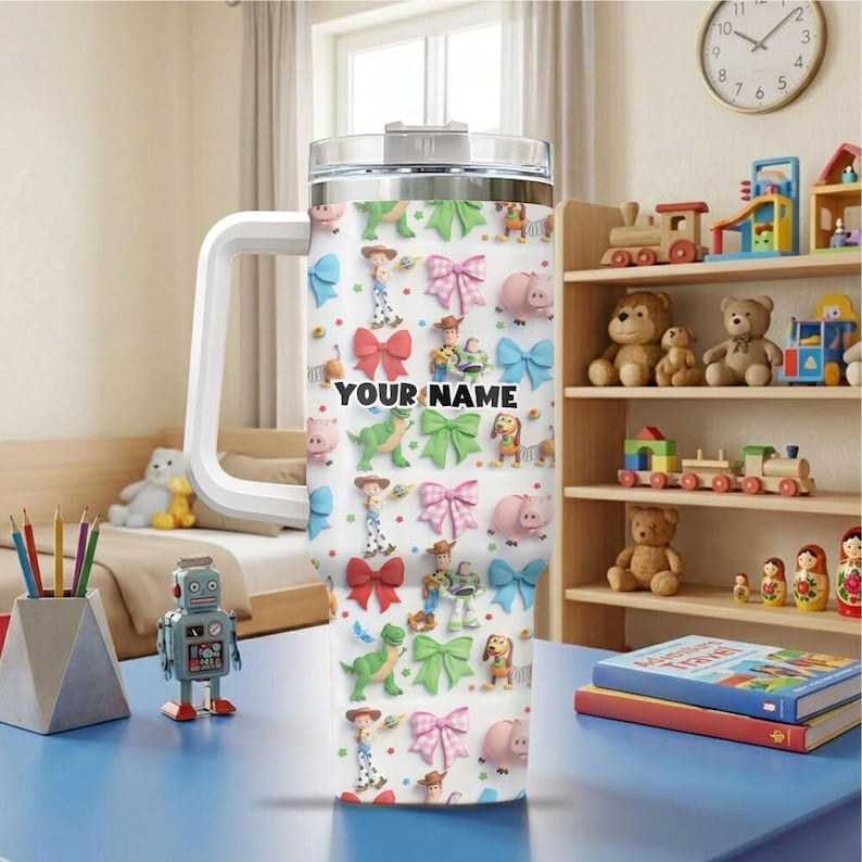 Cheerful Personalized Tumbler, Toy Story Custom Name Tumbler with Straw, Insulated Cup Travel Mug, Girl Birthday Gift Magical Outfit Trip 20 image 2